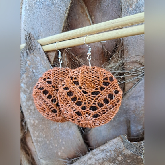 Handmade Circle Knit Earrings Sparkled Orange Hand Dyed Yarn Green Cotton Fabric - Picture 6 of 16